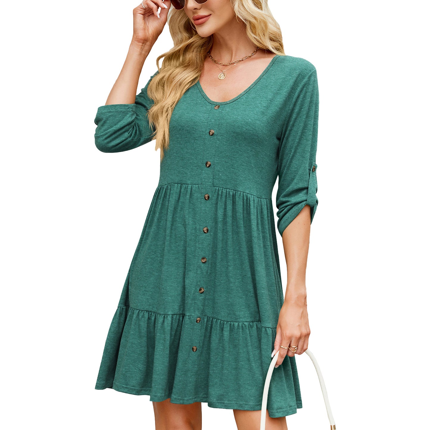 Solid Color Round Neck Button Pleated Dress
