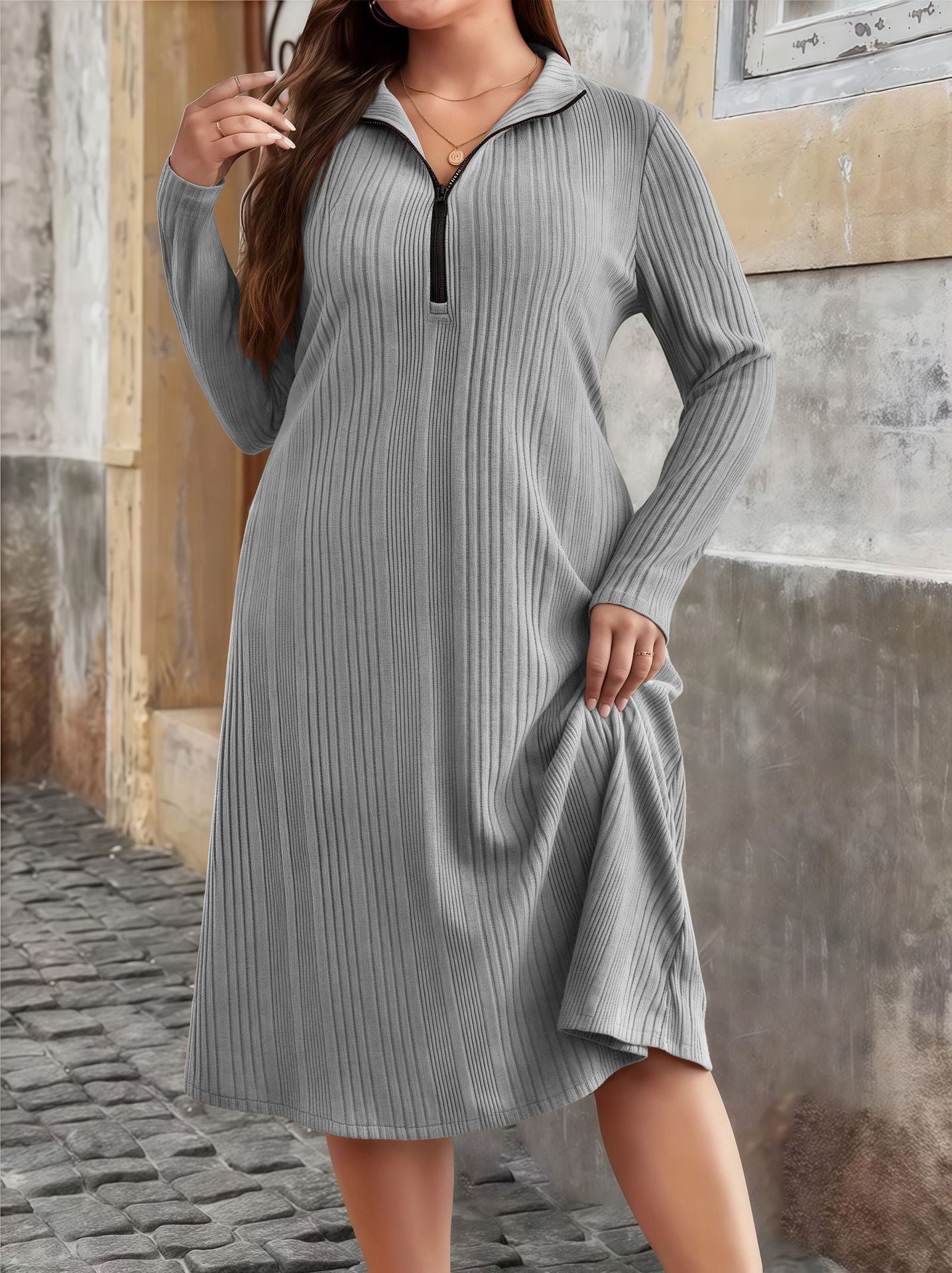 Women's Sunken Stripe Round Neck Zipper Plus Size