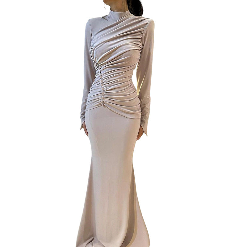 Women's High Waist Crimp Elegant Graceful Long-sleeved Dresses