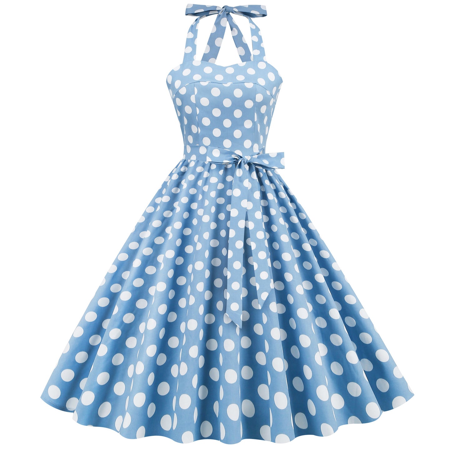 Hepburn Style Retro Dots Backless Halter Swing Puffy Dress Dresses