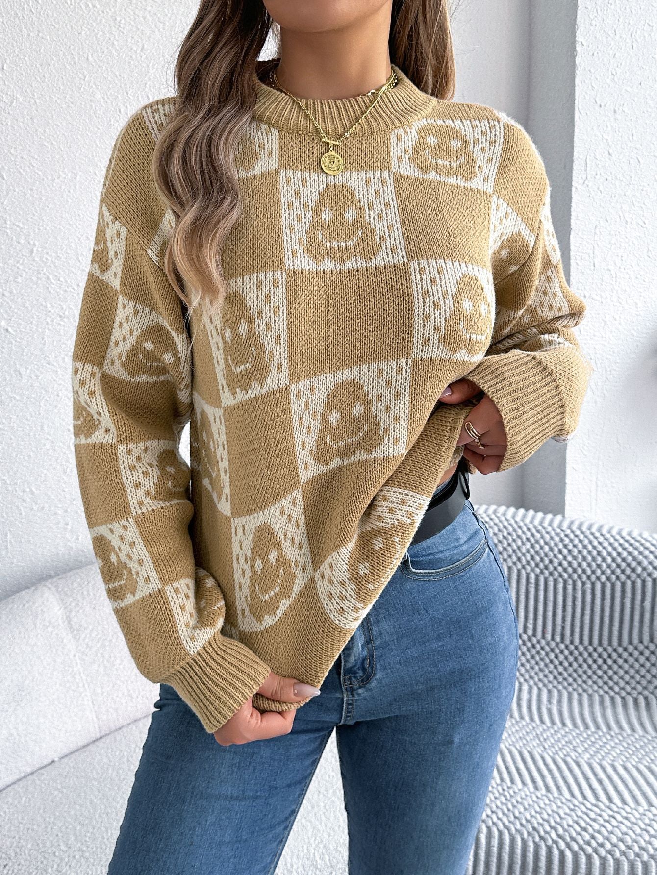 Women's Halloween Plaid Lantern Long Sleeve Pullover Sweater