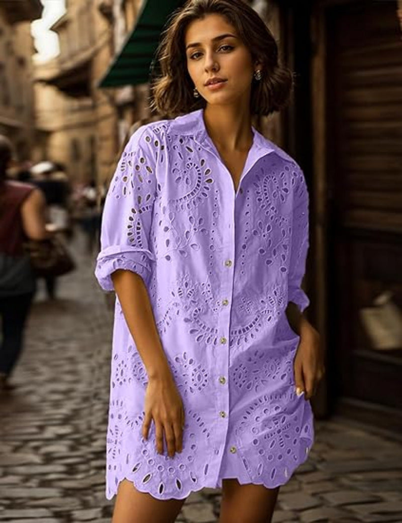 Women's Solid Color Shirt Collar Loose Embroidered Blouses