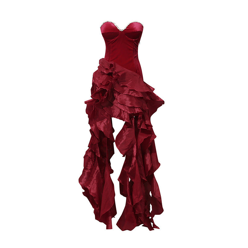 Women's Diamond Decorations Tube Ruffled Dress Autumn Dresses