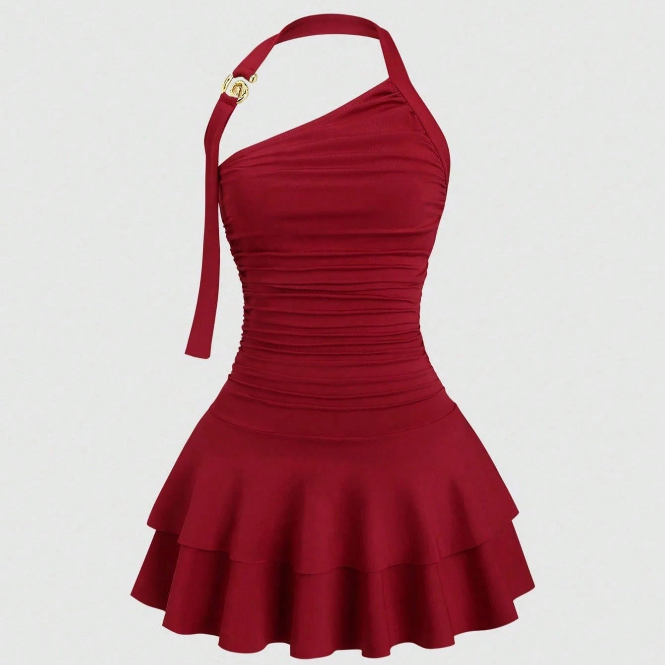 Solid Color Halter Slimming Cinched Waist Pleated Pure Want Sloping Dress