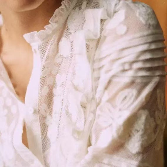 Women's Floral Embroidered Ruffled Wooden Ear Collar Blouses