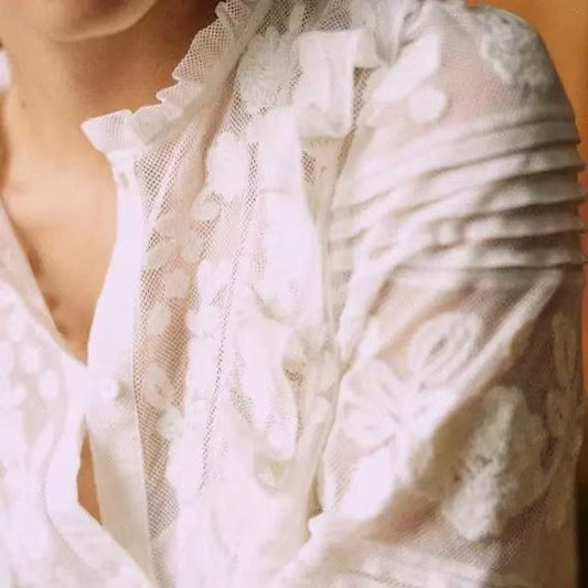 Women's Floral Embroidered Ruffled Wooden Ear Collar Blouses