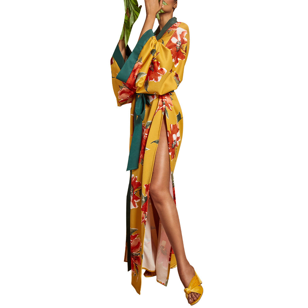 Women's Straight Hair Kimono Print Trench Coats