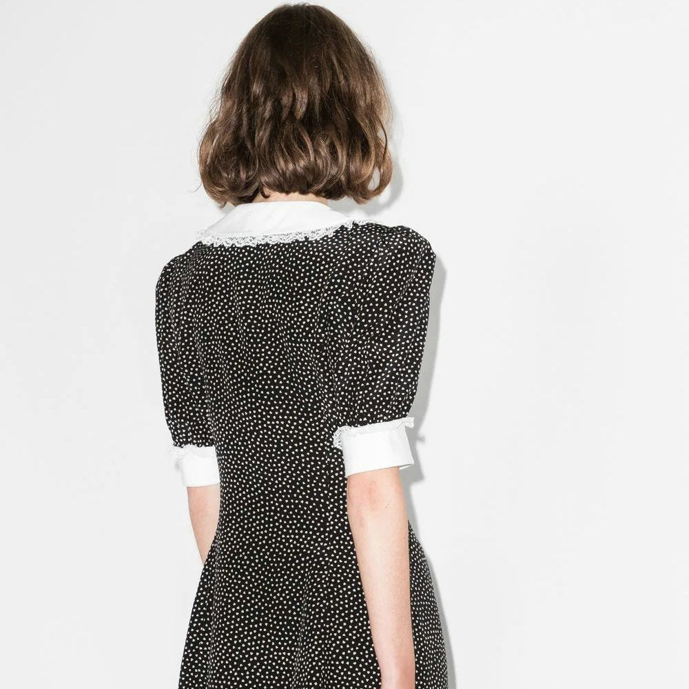 Polka Dot Stitching Lotus Leaf Lapel Sweet Sleeve Dresses