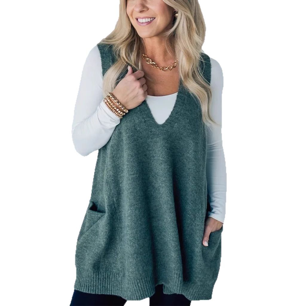 Trendy Classy Color Pocket Knitted Sleeveless Sweater