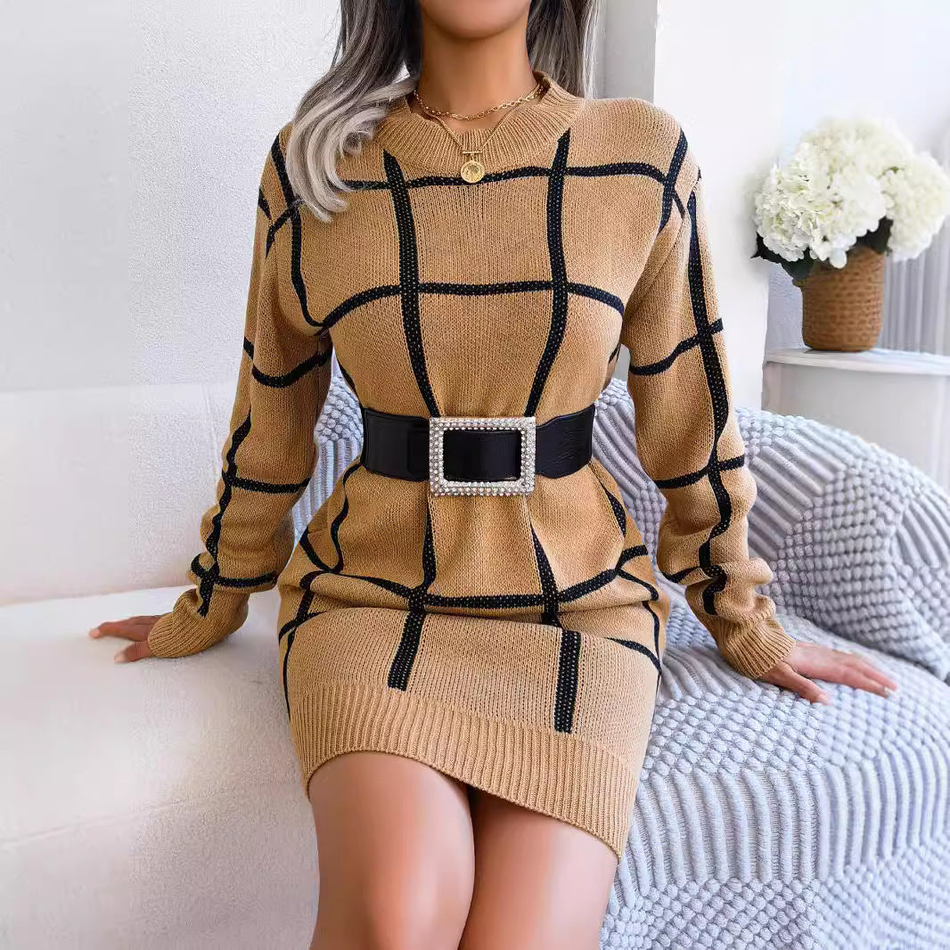 Women's Casual Contrast Color Plaid Long Sleeve Dress