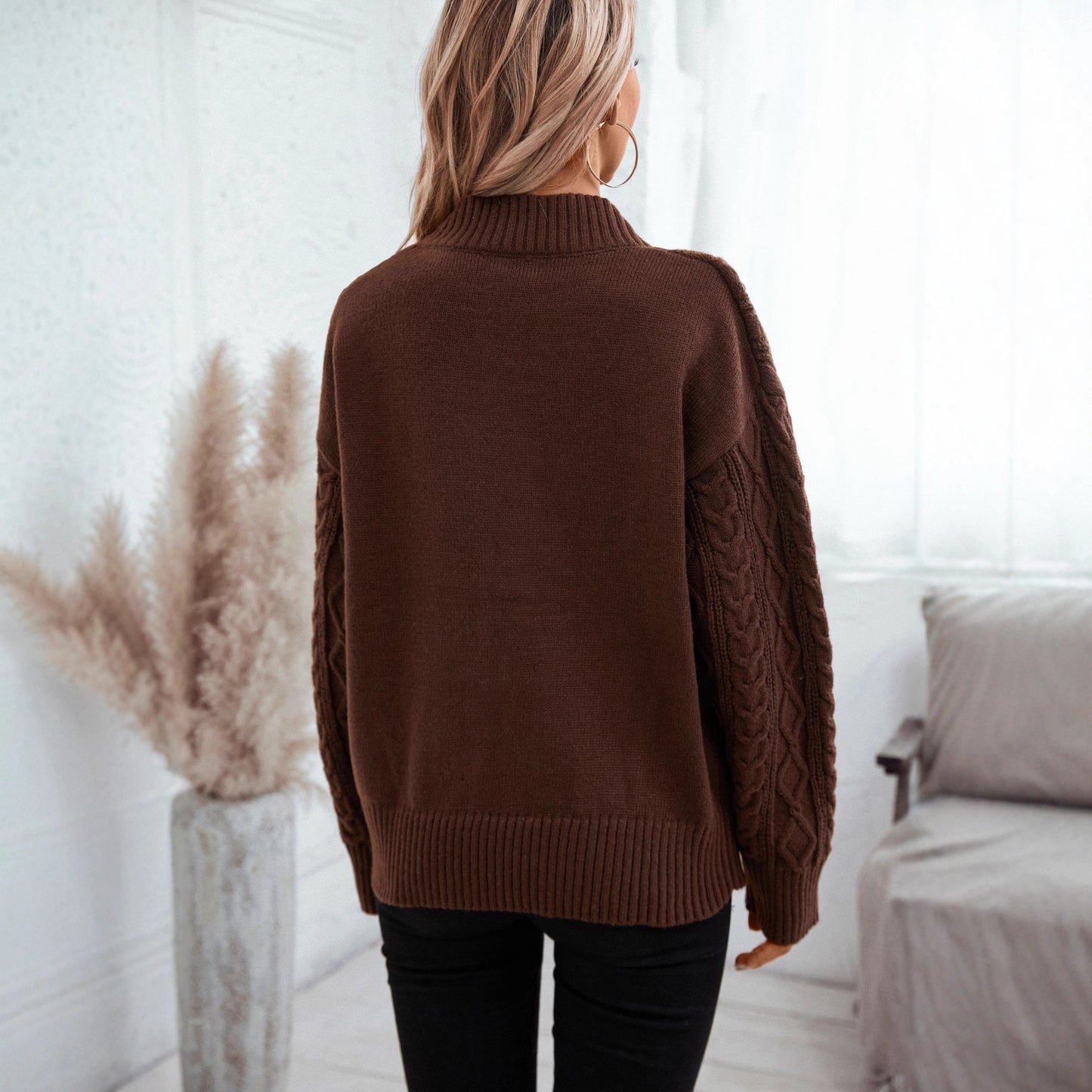 Women's Solid Color Twisted Pullover Collar Retro Loose Long Sweater