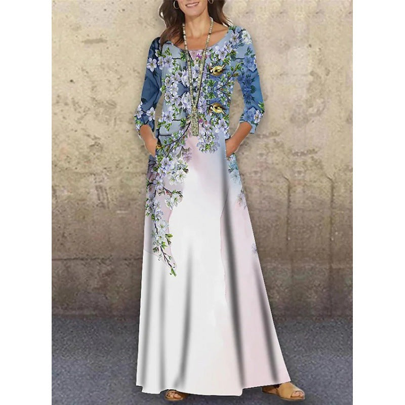 Women's Knitted Long Sleeve Dress Floral Print Clothing