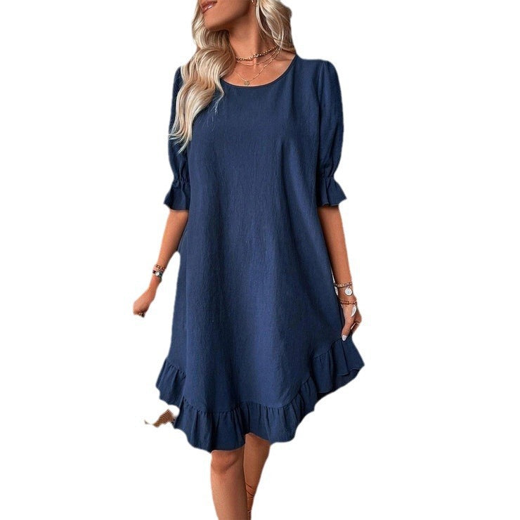 Women's Cotton Linen Half Sleeve Round Neck Solid Color Loose Big Dress