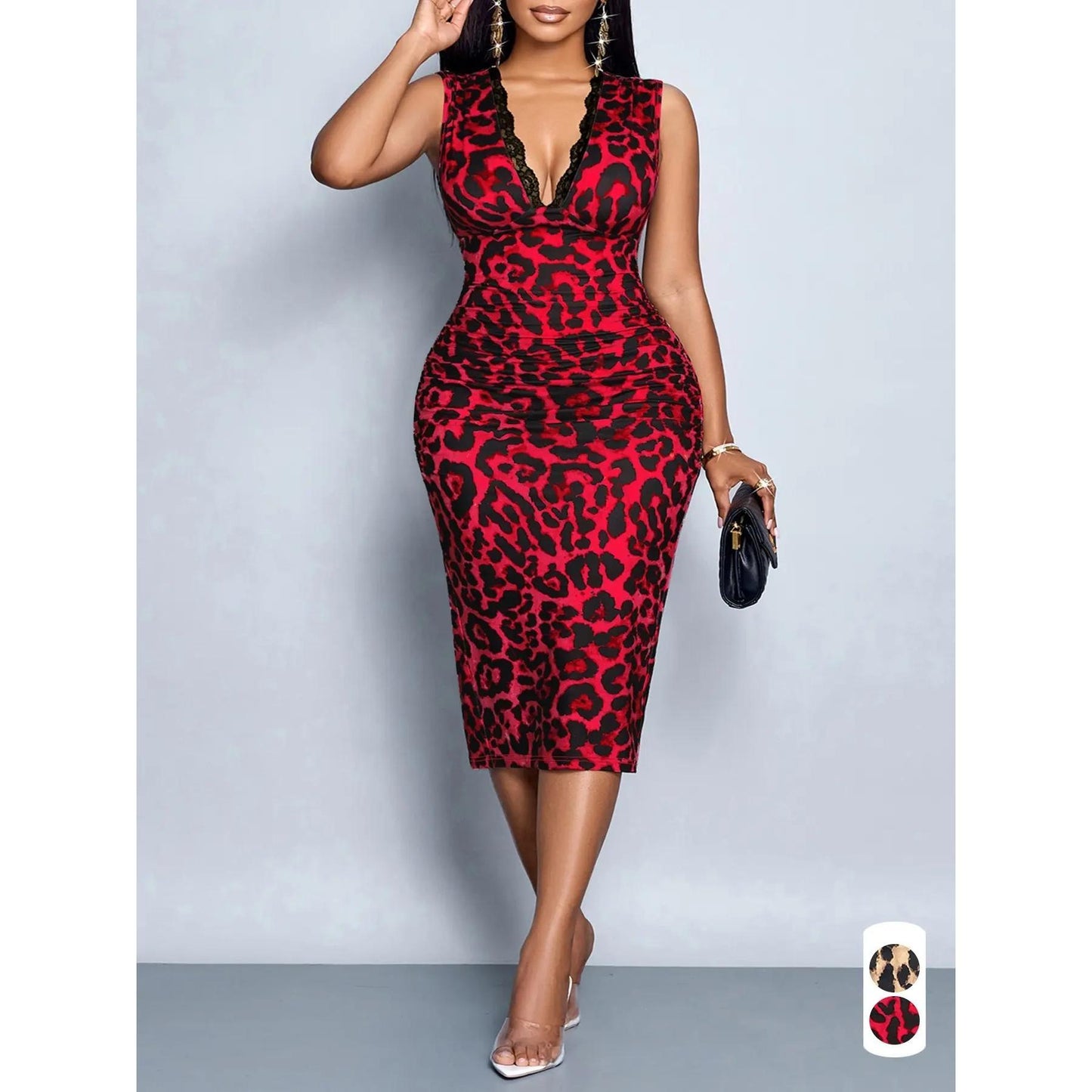 Women's Fashion Leopard Print Back Slit Sleeveless Slim Dress