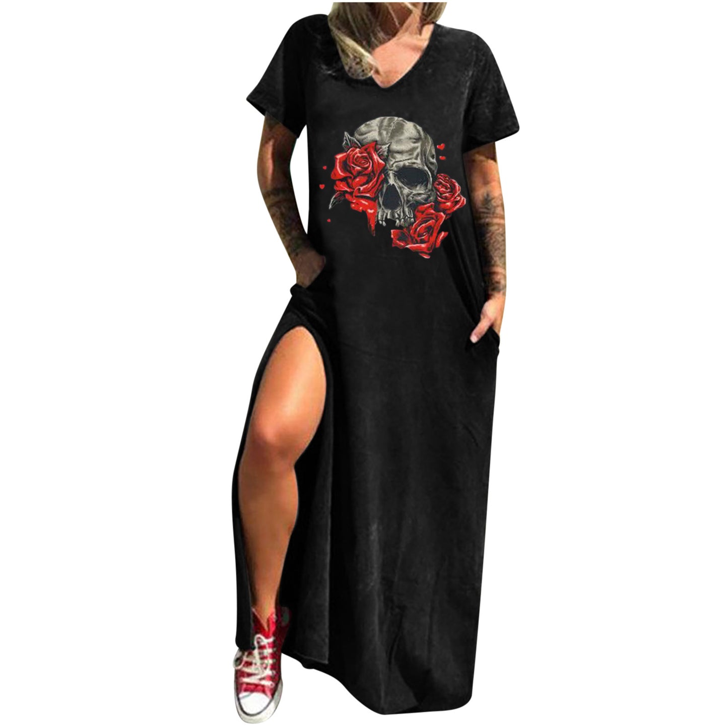 Skull Print Street Fashion Sleeve Slit Shorts