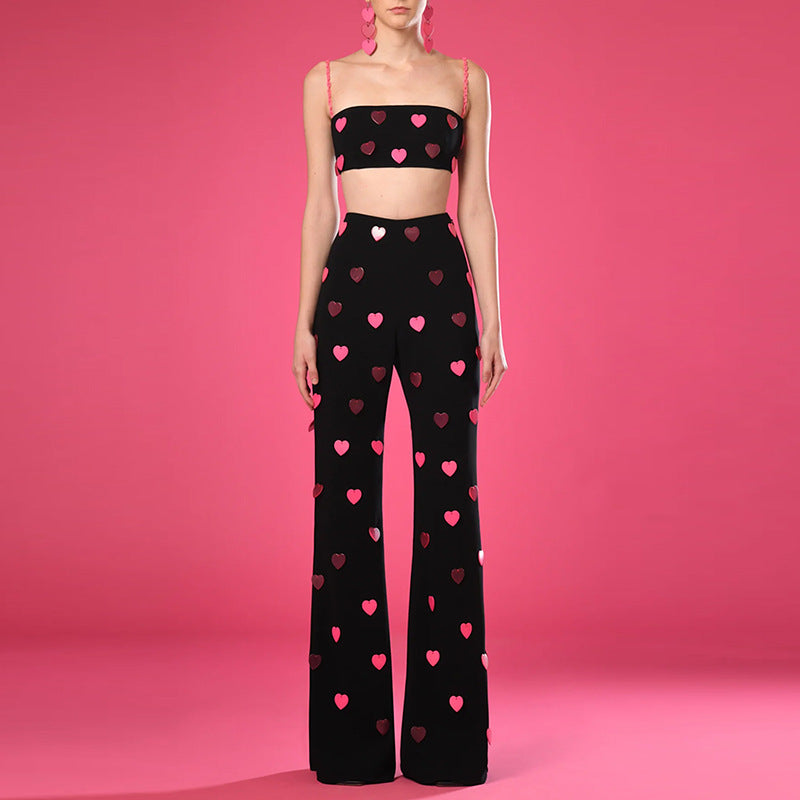 Glamorous Heart-shaped Sequin Sling Two-piece Set Fashion Casual Suit