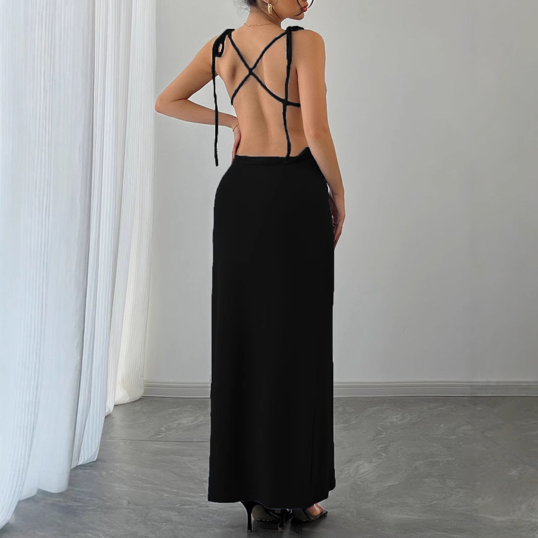 Summer Knitted Backless Suspender Elegant High Waist Dress
