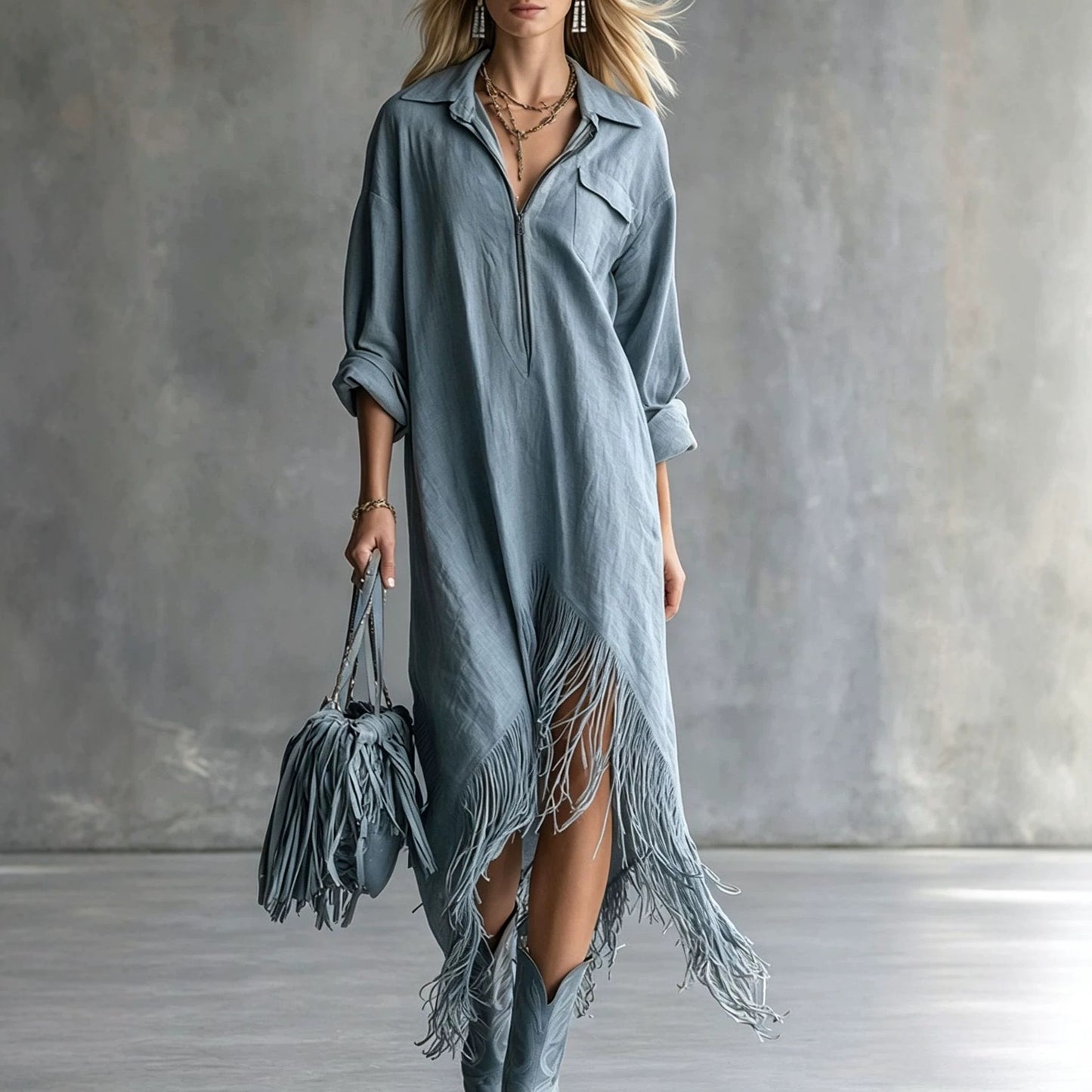 Autumn Elegance Retro Loose Irregular Fringed Dress