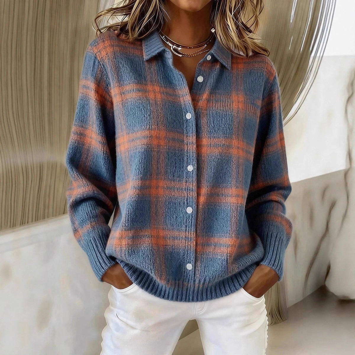 Women's Polo Collar Stripes Contrast Color Woolen Coats