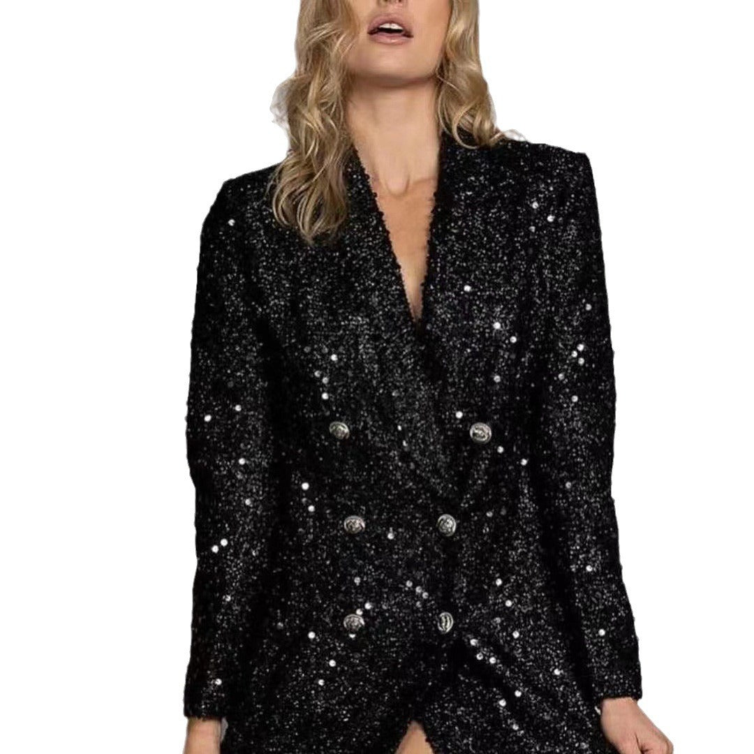Breasted Black With Paillettes Slim Fit Blazers