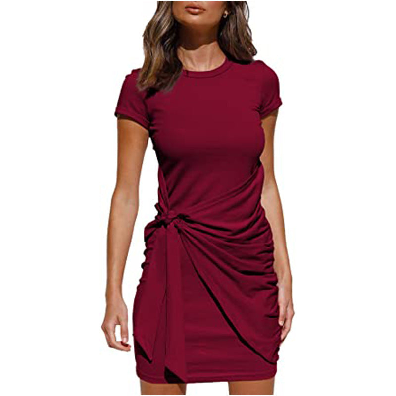 Sleeve Round Neck Pleated Bow Belt Dress