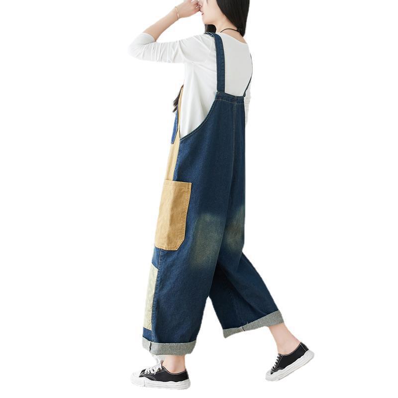 Denim Suspender Large Loose Artistic Patch Jeans