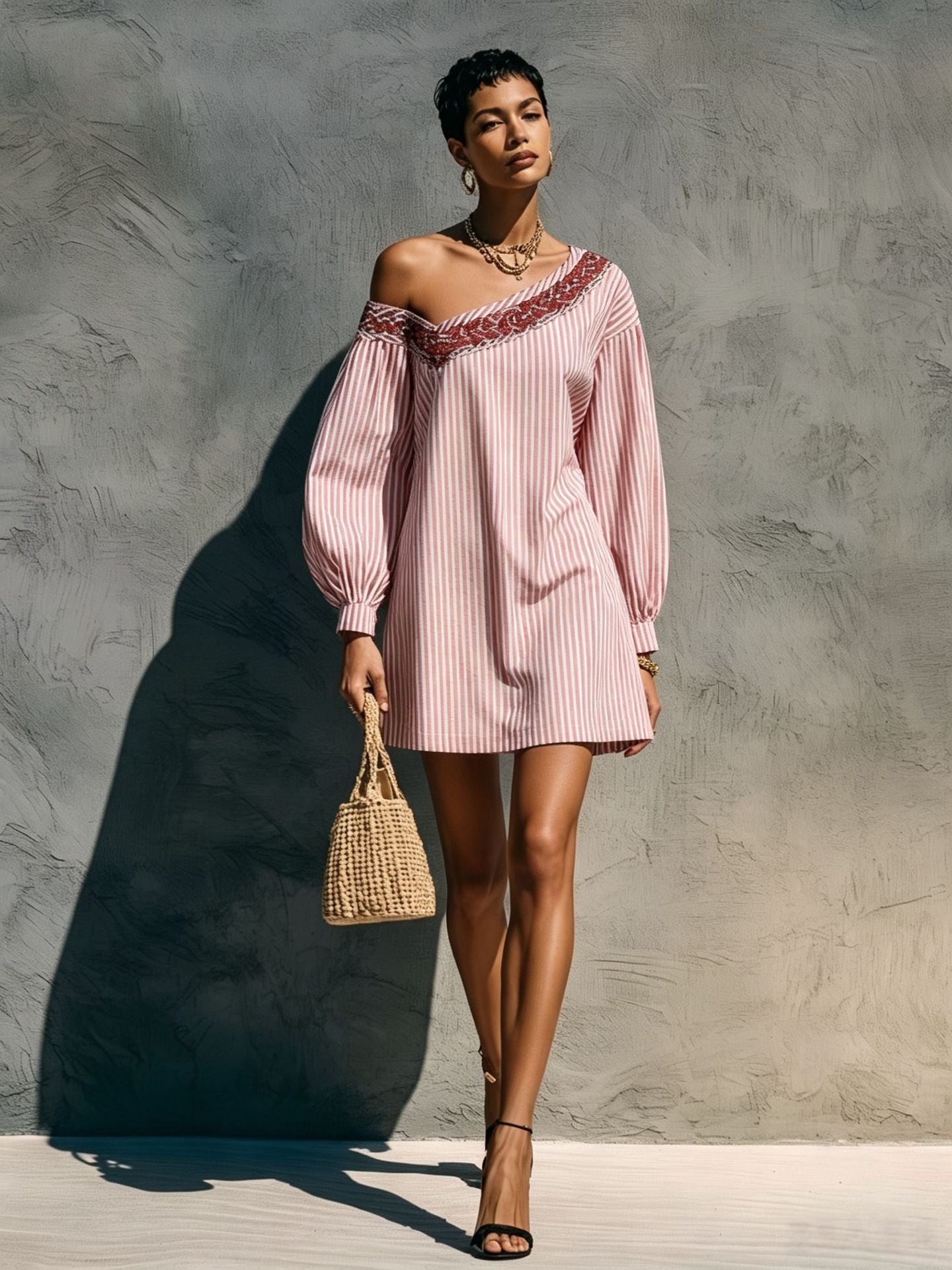 Women's Striped Long Sleeve Embroidered Minimalist Mini Dress