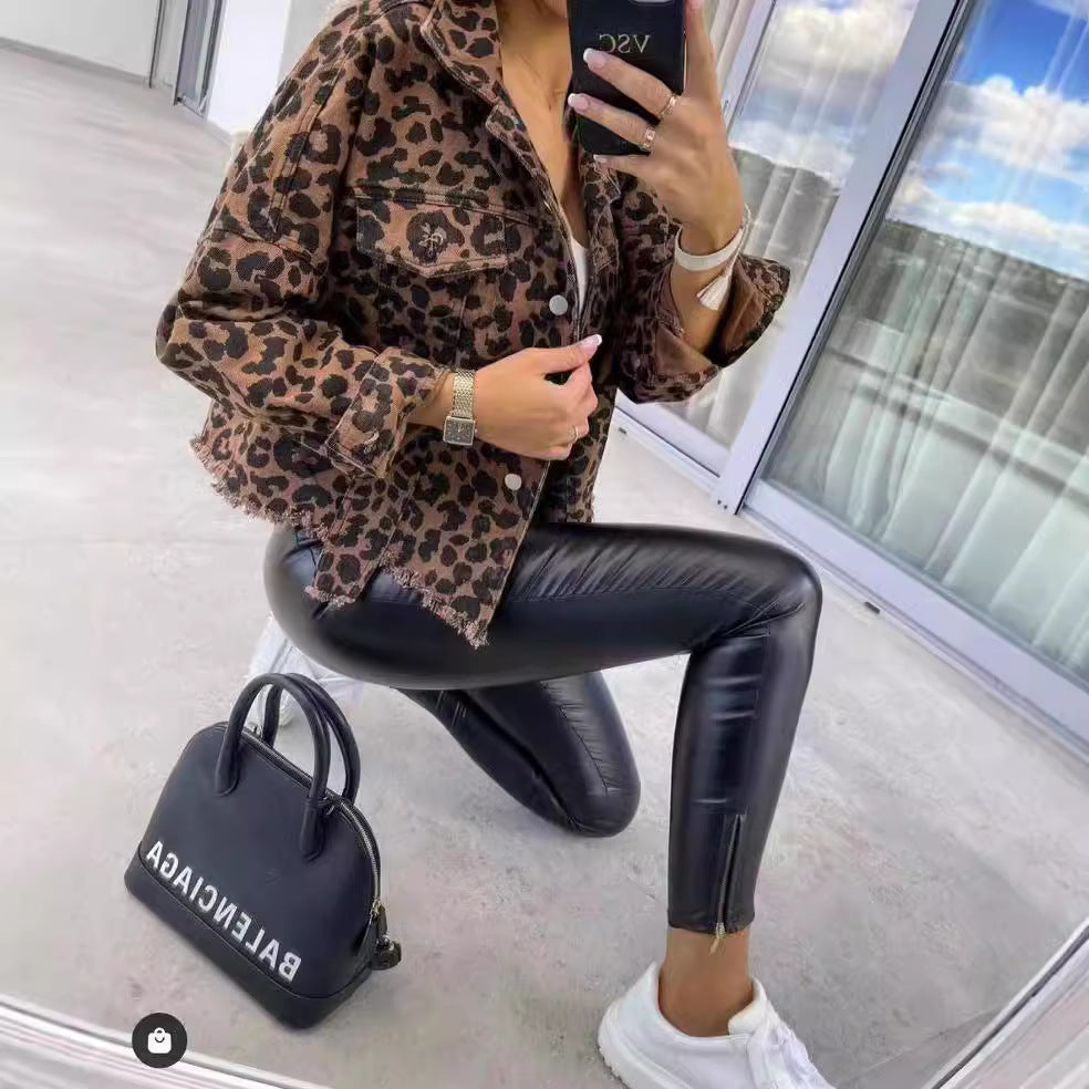 Women's Denim Leopard Print Long Sleeve Loose Jackets