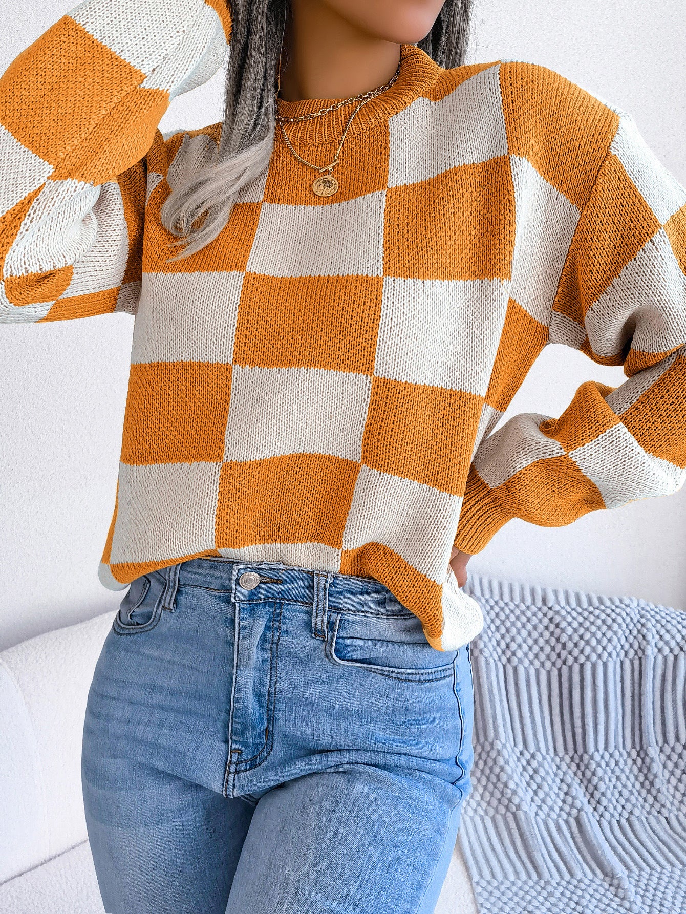 Women's Street Style Check Long Sleeve Pullover Sweater
