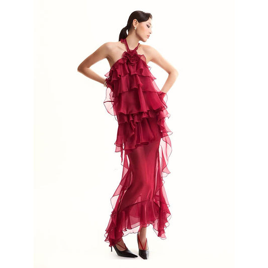 Women's Sexy Ruffles Halter Dress Flower Decorative Dresses