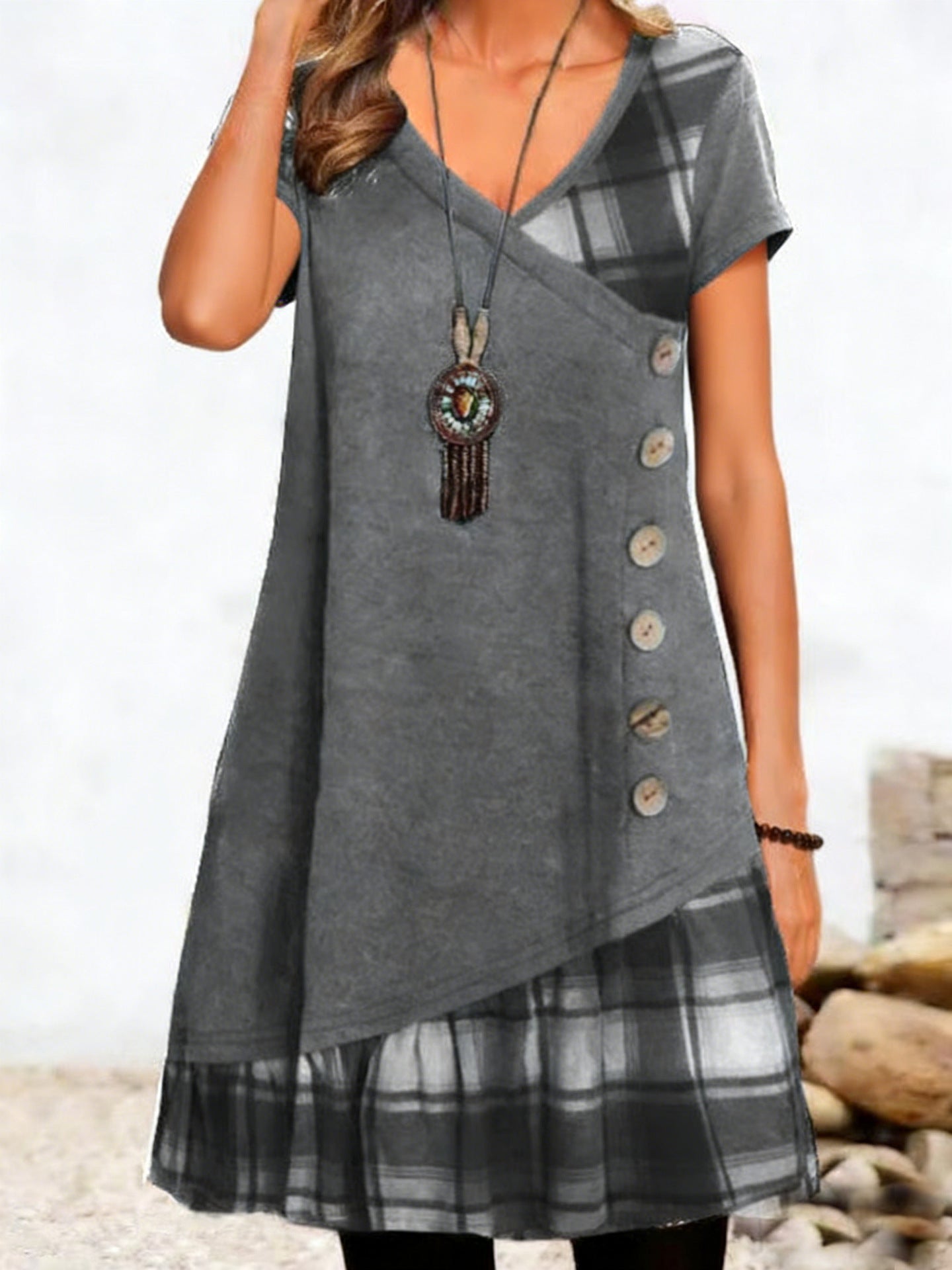 Women's Fashion Casual Patchwork Button Sleeve Dress