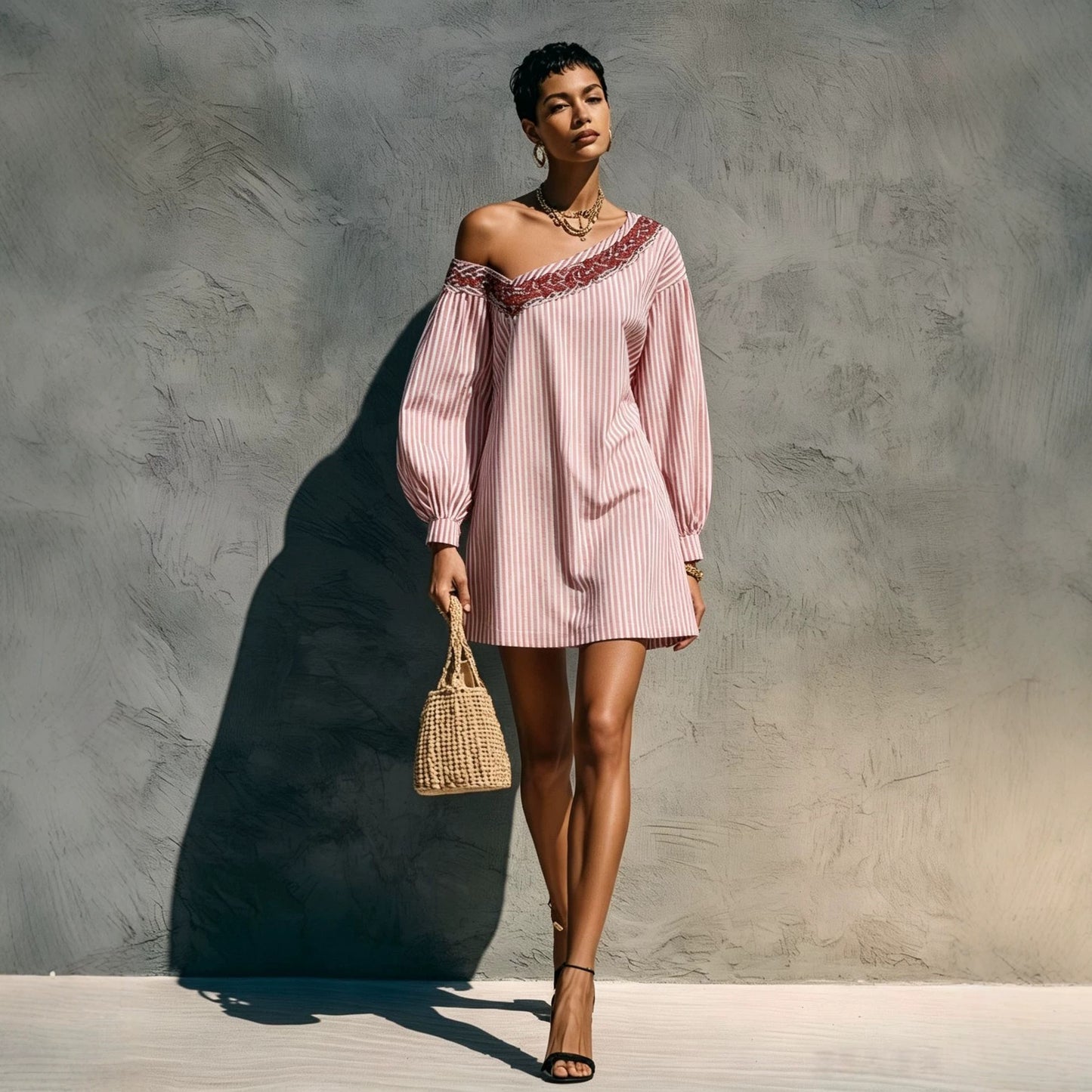 Women's Striped Long Sleeve Embroidered Minimalist Mini Dress