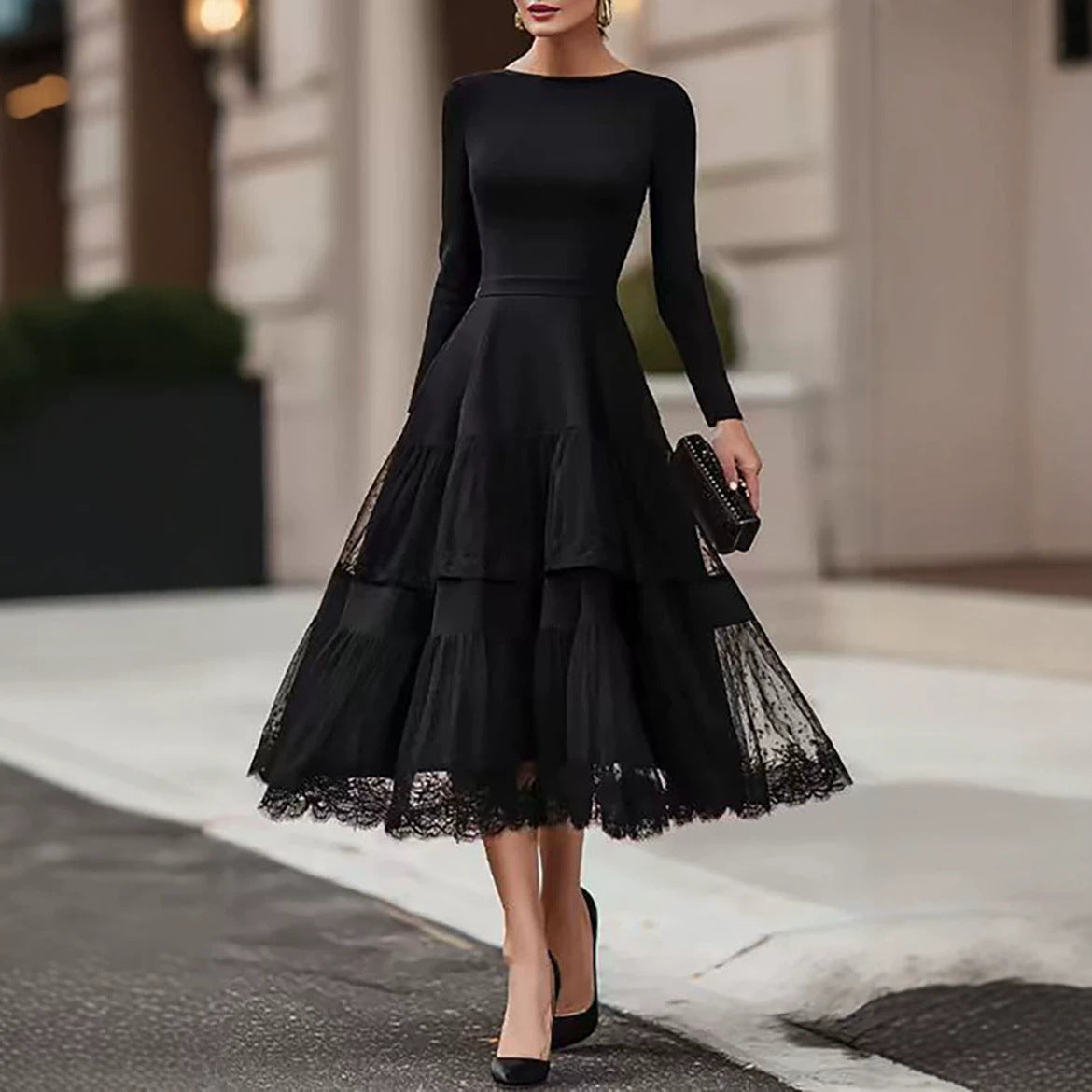 Women's French Style Elegant Hepburn Long Sleeve Mesh Stitching High-grade Dress