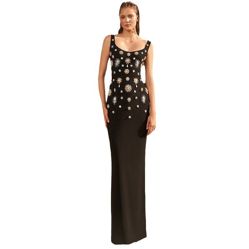 Fashion Bead Diamond Stretch Long Gown Dress
