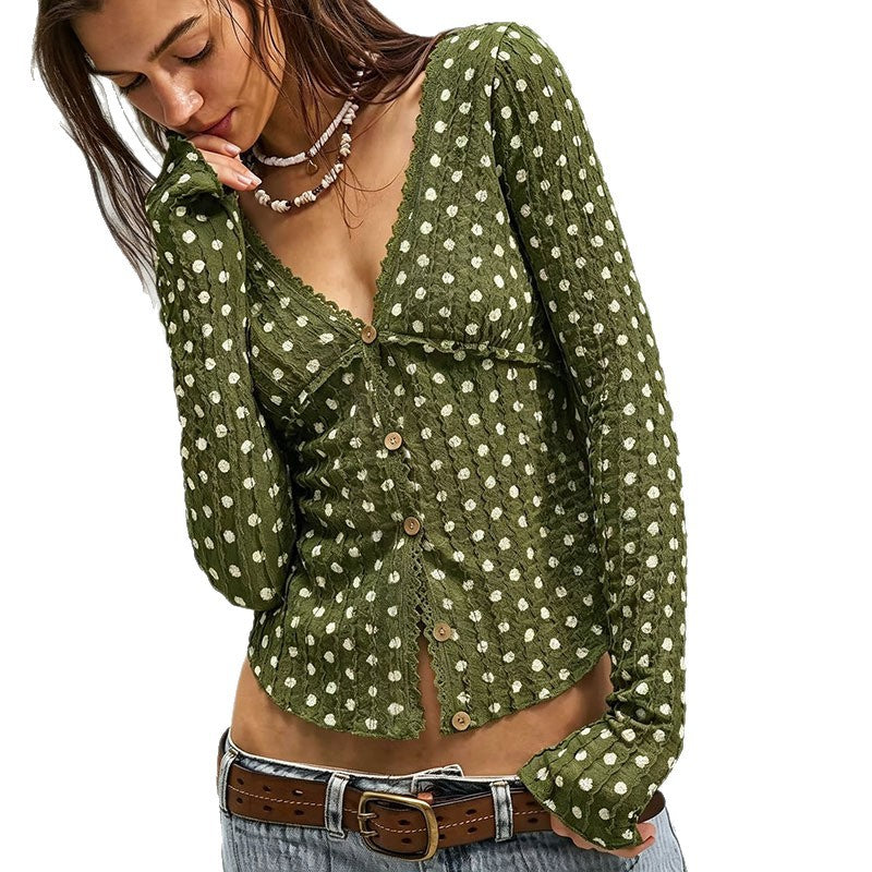 Style Polka Dot Long Sleeve Knitted Ruffled Lace Women's Sweater