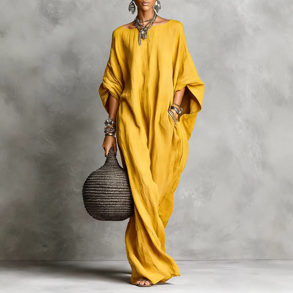 Women's Retro Solid Color Temperament Long Sleeve Dress
