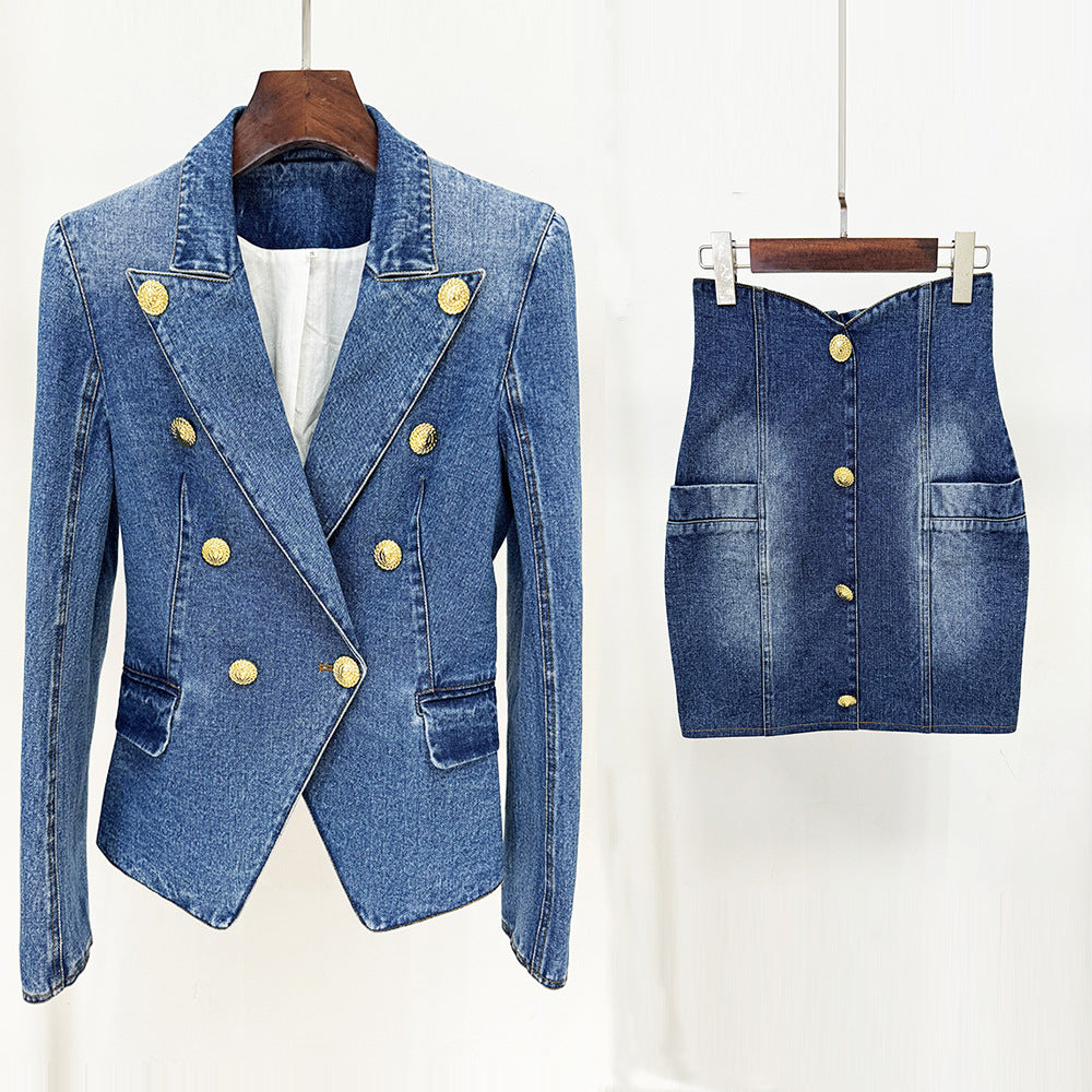 Beautiful Elegant Slim Double-breasted Washed Denim Blazers