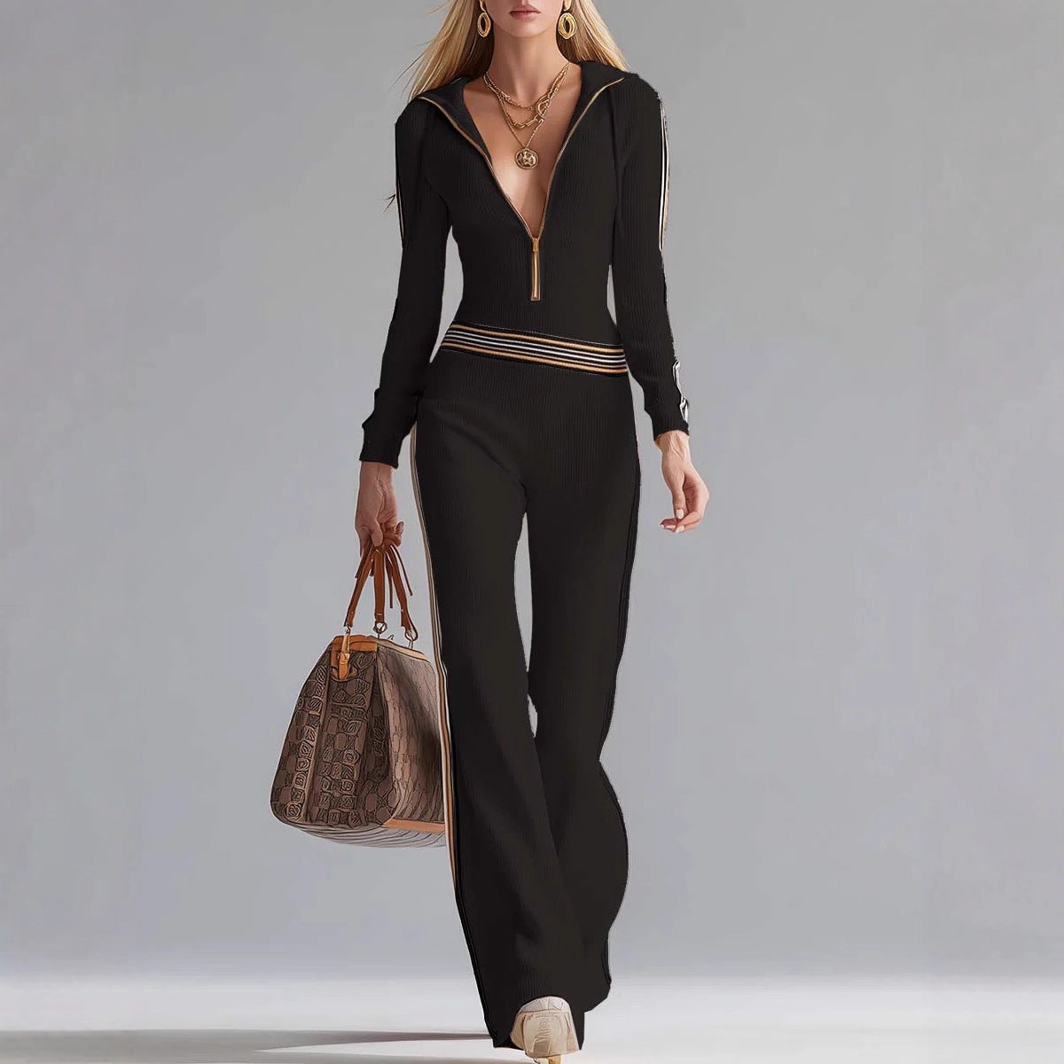 Women's Contrast Patchwork Sunken Stripe Knitted Long-sleeved Jumpsuits