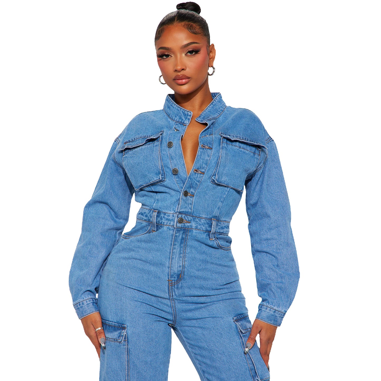 Stretch Bellows Pocket Washed Denim Bell-bottom Jumpsuits