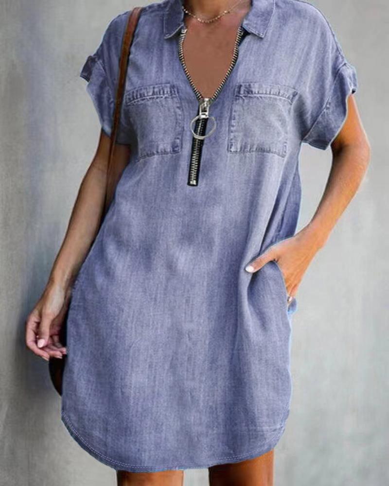 Charming Lapel Sleeve Loose Denim Shirt Dress