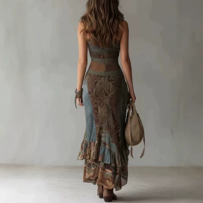 Retro Patchwork Printed Irregular Long Slim Dress