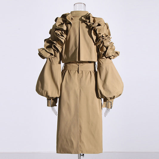 Women's Elegant Mid-length Trench Autumn Lapel Long Sleeve Ruffled Coats