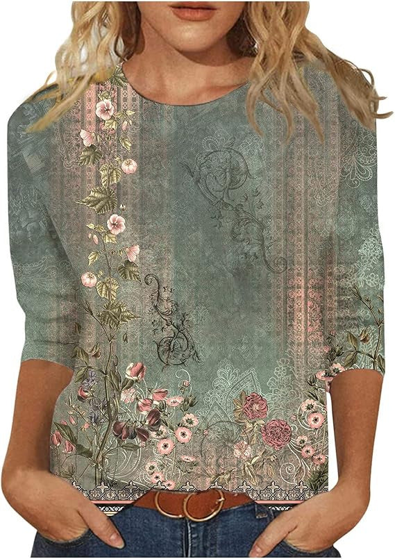 Women's Printed Sleeves Loose Crew Neck Casual Blouses