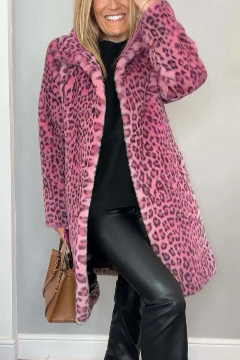 Women's Winter Fashionable Leopard Print Lapel Imitation Coats