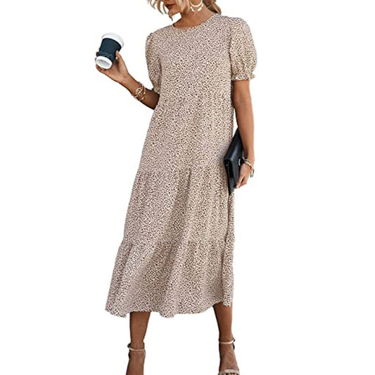 Printing Solid Color Round Neck Sleeves Dress Casual Shorts