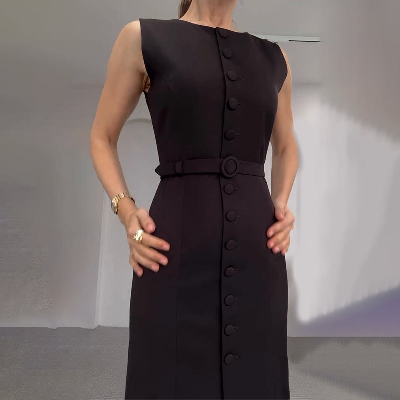 Solid Color Round Neck Sleeveless Split Dresses