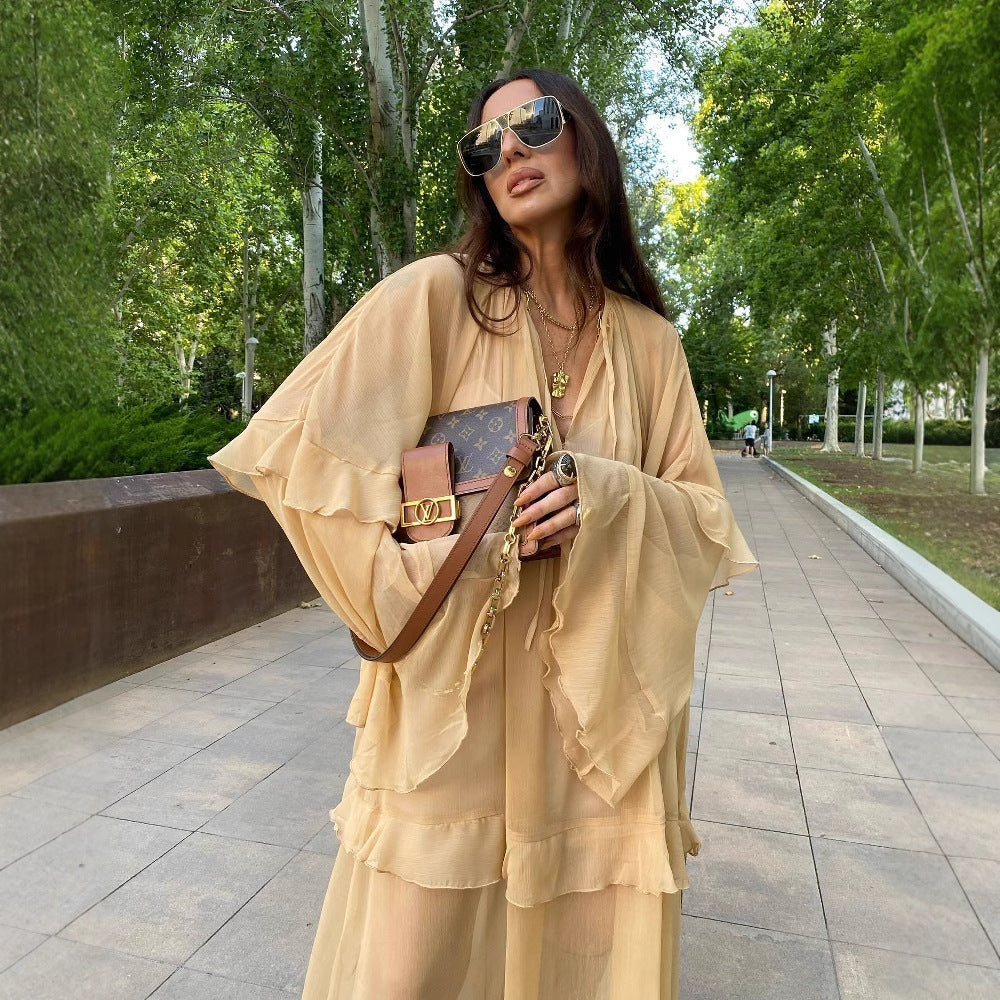 Women's Beach Bell Sleeve Deep Dress Transparent Dresses