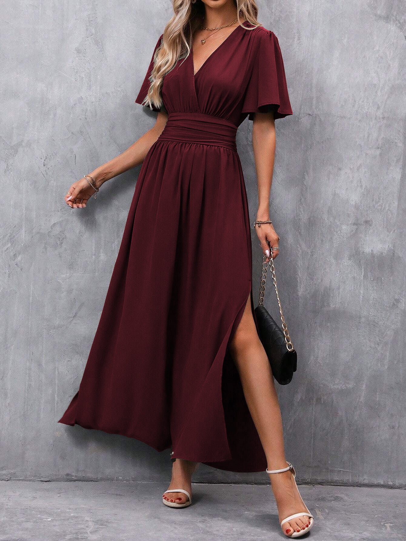 Women's Elegant Flying Sleeves Back Waist Smocking High Slit Clothing
