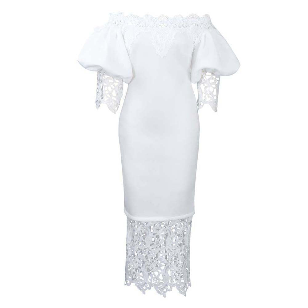 Women's Lace Stitching Banquet Lantern Sleeve Bridesmaid Dress