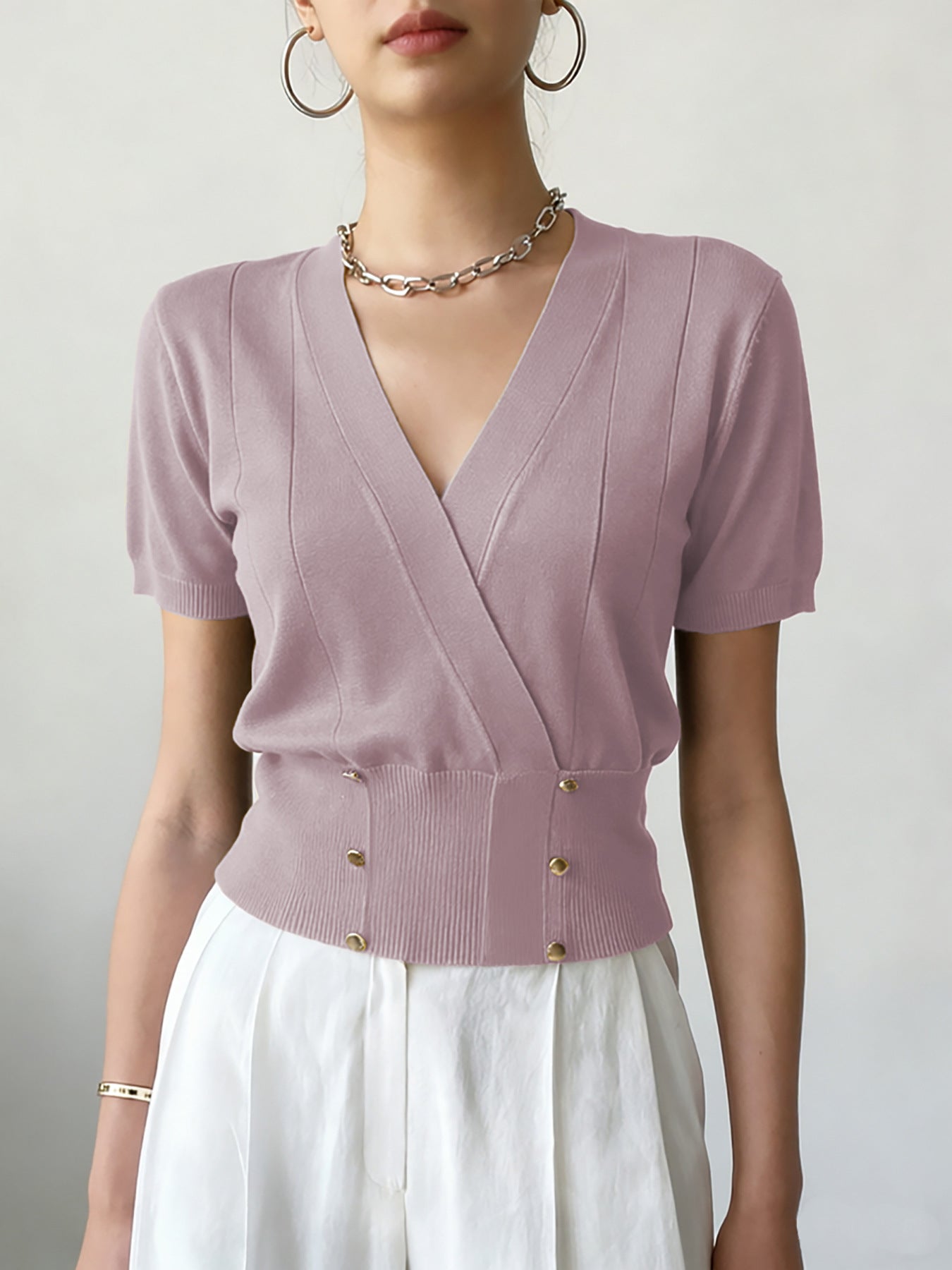 Women's Collar Tight Waist Fake Button Design Women's Sweater